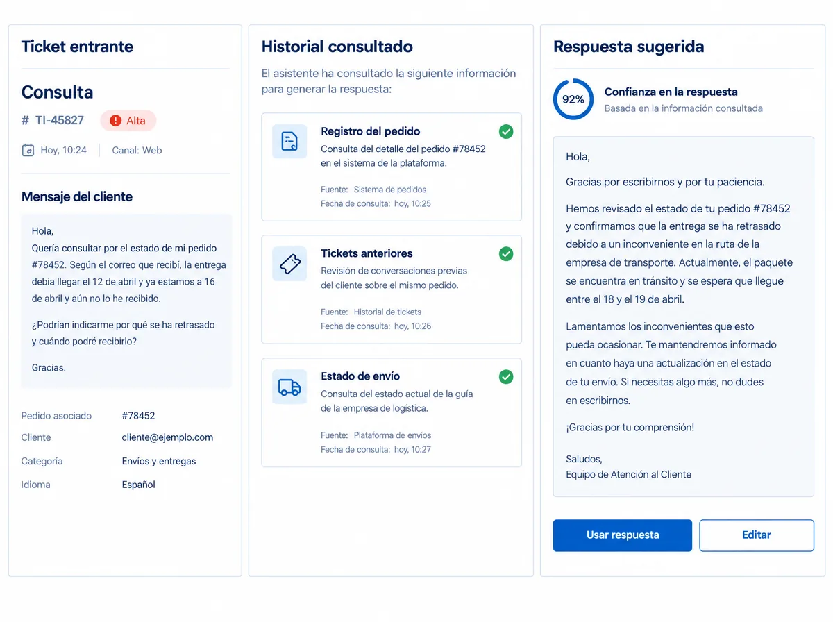 Asistente de soporte: una consulta, el historial que consultó y la respuesta sugerida.