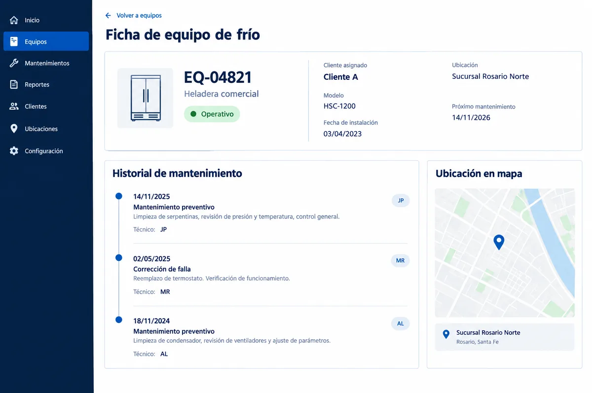 Ficha de un equipo de frío: cliente asignado, ubicación y próximo mantenimiento.
