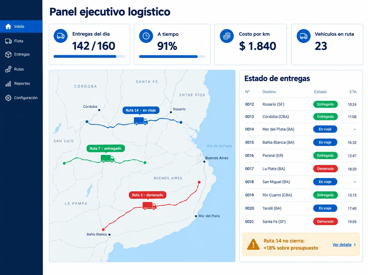 Panel ejecutivo logístico: flota en ruta, estado de entregas, costo por kilómetro y alerta de ruta que no cierra.